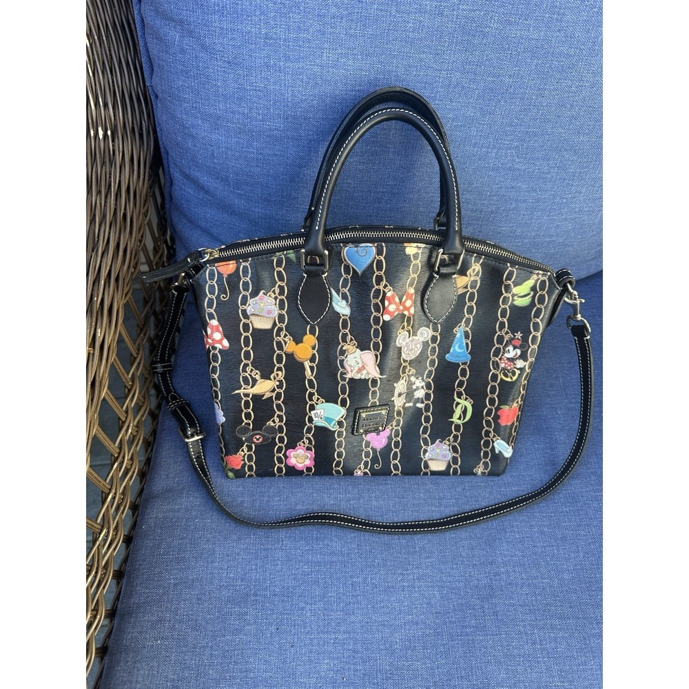 DISNEY DOONEY & BOURKE CHAINS & CHARM CHARACTER DESIGN BLACK SATCHEL PURSE BAG